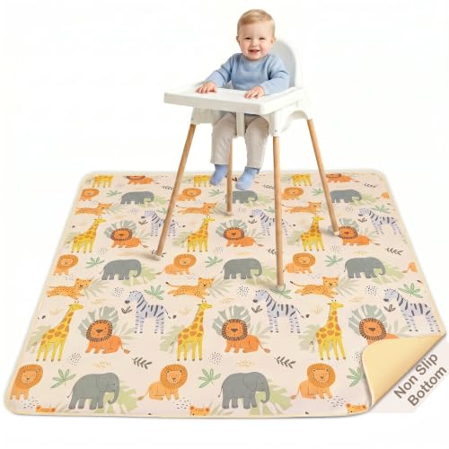Basumee Splat Mat for Under High Chair, Waterproof & Mess-Proof Floor Mat | 46"×42" Baby Splash Mat, Non Slip Bottom, 4-Layer Fabric, Food & Liquid Catcher, Machine Wash for Boy Girl, Meals, BLW, Craft - color: Beige Savanna Animals, size: 46x42 Inches