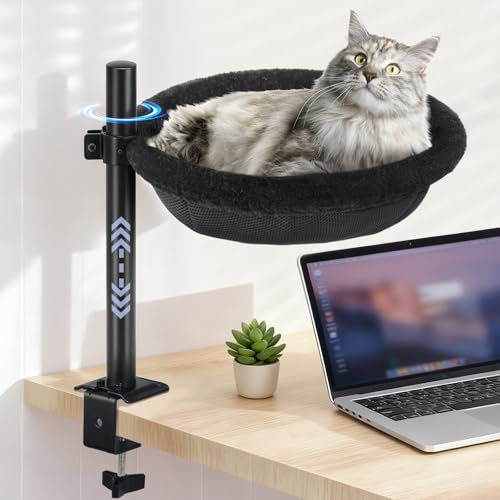 Cat Desk Bed, Reversible Cat Hammock for Desk Use, Clamp-On Metal, Black | 360 Rotating, Height Adjustable, Supports up to 45lbs, Machine Washable, Large Cats & Kittens, Indoor, Office & Game Tables - color: Black