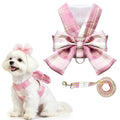 Cute Dog Harness and Leash Set with Bow Tie Soft Mesh Plaid Girl Puppy Harness No Pull Pet Cat Dog Vest Harness for Small Dogs Chihuahua Rabbit Outfit (Pink,XS) - color: Pink, size: XS(Chest 9"-10")