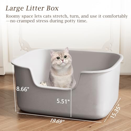 Large Cat Litter Box with High Sides, Side Entry Open Top Deep Tall Litter Pan, Kitty Litter Box for Indoor Small and Medium Cats, Grey (Anti-Splashing) 19.7" L x 15.4" W x 8.6" H - color: Grey