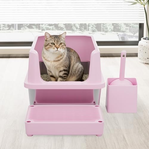 RIZZARI Cat Litter Box Anti-Scatter: Open-Room for Large Cats & Multi-Home | Odor-Free Steel Pan / Paw-Massage Entry Trap / Raised Anti-Spill Edges / Fits Maine Coon & 2+ Cats / Easy-Scoop Open View - color: Pink