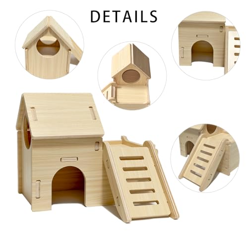 Wood Hamster House Set of 2 Tiny Wooden Hideout Castle Double-Decker Hut Multi-Chamber Maze Wood House with Slide, for Dwarf Hamster, Gerbil, Mouse, Guinea Pig Small Animals(Only for Small Hamster)