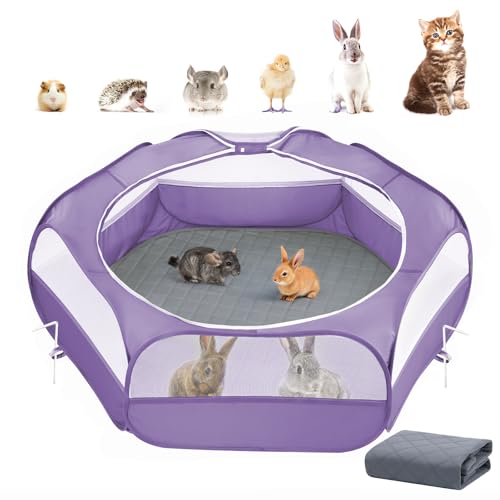 Pawaboo 2-in-1 Small Animals Playpen with Pad, Purple+Gray | Waterproof, Reusable Pad, Portable Outdoor Yard Fence with 3 Metal Rod, For Chick/Kitten/Guinea Pig/Rabbits/Chinchillas - color: U-Purple+Gray