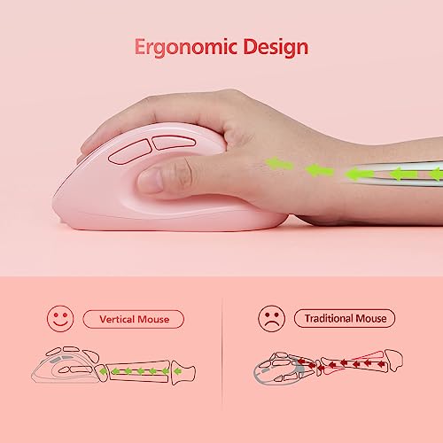 Micropack Wireless Bluetooth Mouse Ergonomic Vertical for Laptop MacBook PC Tablet Rechargeable Silent Click Multi-Device 3-Mode 2.4G Adjustable DPI Compatible with Windows Android iOS MacOS Pink - color: Pink, size: Rechargeable 3-Mode