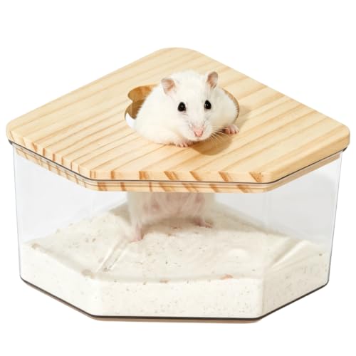 Clear Acrylic Hamster Sand Bath Box with Wood Lid Pet Sandbox (D Small) | Transparent pet shower box with wooden cover easy clean digging hideout space saving corner design for Syrian Hamster - style: D Small