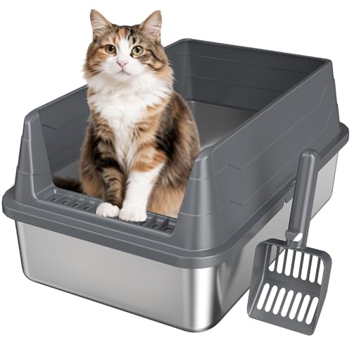 Stainless Steel Cat Litter Box Low Entry Litter Pan Include Scoop | Odor Free Metal High Sides Lid Open Top Easy Cleaning Anti-Scratc Anti-Urine Leakage Non-Sticky - color: Dark Grey S