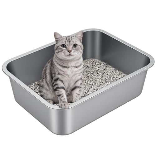 Stainless Steel High Sided Cat Litter Box | Sturdy Metal, Odor-free, Cat Litter Non-stick and Easy to Clean, Ideal for Indoor Cats, Kittens and Multicat Houses - size: 16.93"L x 12.99"W x 5.12"H