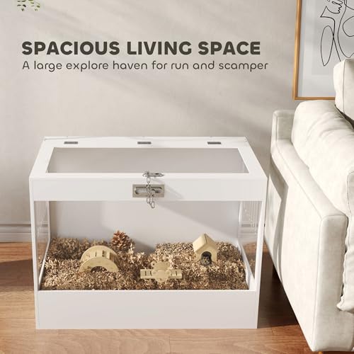PawHut Hamster Cage with Openable Top & Lock, Transparent Acrylic Panels Small Animal Habitat with Hut, Seesaw, Ladder, for Dwarf Hamster Gerbil, 31.5" x 20" x 23", White | Transparent Acrylic Panels, Small Animal Habitat, Hut, Seesaw, Ladder, for Dwarf H