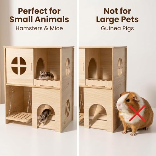 Wooden Hamster Hideout & Cage Accessories - Multi-Chamber Habitat with Swing, Ladder, House and Playground for Climbing - Enrichment Toys for Dwarf Hamster, Gerbil, Mouse, and Small Rodents