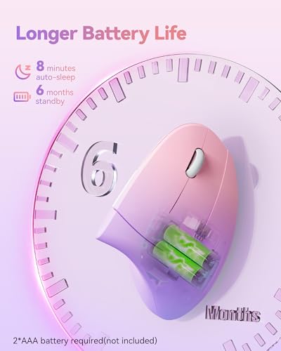 TECKNET 2.4G Ergonomic Mouse Vertical Wireless 4800 DPI Carpal Tunnel Mouse | 5 Adjustable DPI, Optical Tracking, 12 Months Battery, Quiet, 6 Buttons for Laptop, PC, Computer, Right Hand, Pink Purple - color: Pink Purple