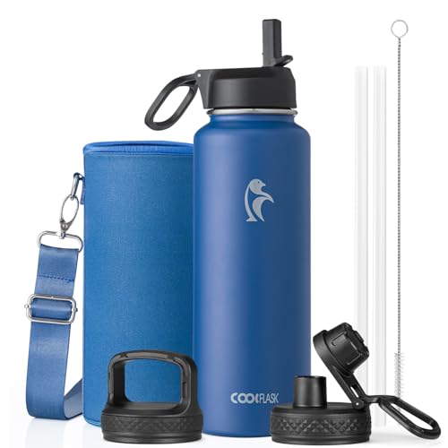 Coolflask 40 oz Water Bottle Insulated with Straw & 3 Leakproof Lids | Water Flask Stainless Steel Triple-Wall Vacuum,Cold 48+h,Dishwasher Safe,Wide Mouth, BPA-Free,Carrier Bag,for Gym,Hiking - color: King's Blue, size: 40 Ounces