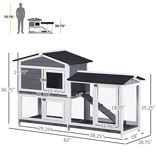 PawHut 62" Rabbit Hutch, Wooden Bunny Hutch, Guinea Pig Cage, Small Animal Enclosure with Run Area, Removable Tray, Asphalt Roof, Lockable Doors and Ramp, Gray | Wooden Bunny Hutch, Guinea Pig Cage, Small Animal Enclosure, Removable Tray, Asphalt Roof, Lo