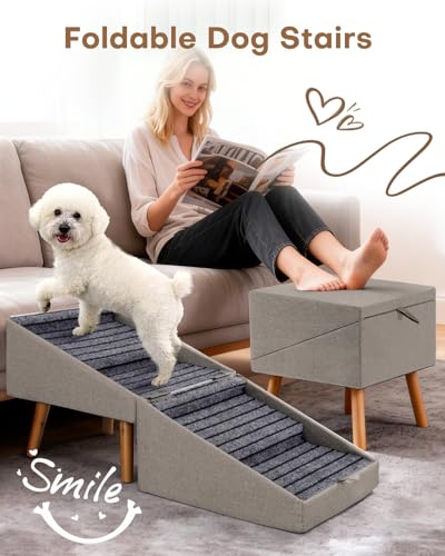Dog Ramp for Bed & Couch, Dog Stairs 21.06 inches High for Large/Medium/Small Doggie,Split Ottoman Foldable 2 in 1 Wooden Pet Steps for Older and Injured Dogs, No-Slip Surface (17.13" H-Hemp Green) - size: 17.13" H-Hemp Green