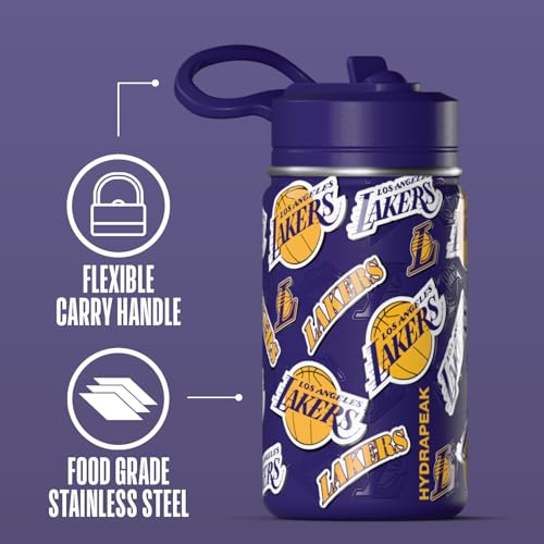 Hydrapeak NBA Officially Licensed Los Angeles Lakers Mini 14oz Kids Stainless Steel Water Bottle with Straw Lid & Flexible Handle, Double Wall Insulated, Spill Proof, Perfect for Back to School - color: Los Angeles Lakers