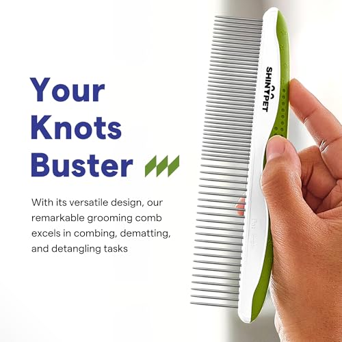 Dog & Cat Comb – Removes Tangles, Knots, and Matted Fur – Grooming Tool with Stainless Steel Teeth and Non-Slip Handle – Best Pet Hair Comb for Home Grooming Kit – Includes eBook Guide