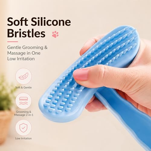 Large Silicone Grooming Brush for Rabbits, Cats & Small Dogs | Rabbit, Cat & Dog Fit | Soft Low-Stimulation Brush | Curved Pet Fit | Daily Bonding | Rinse-Clean Head - color: Blue, size: Large