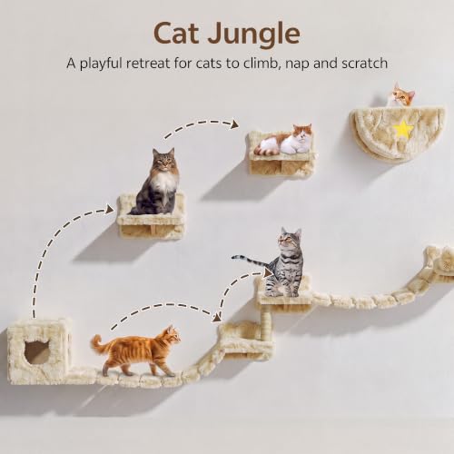 13-in-1 Cat Wall Shelves, Moon & Bridge Cat Wall Furniture, Beige | Wall Mounted Cats Shelf Set with Plush Fabric, Cat Climbing Systems for 16 Inch Drywall, Condo, Scratching Post, Space-Saving - color: Beige, size: 13-in-1