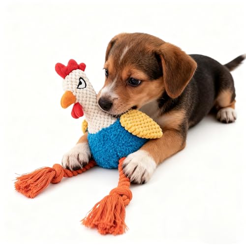 Plush Chicken Dog Toy with Squeaker and Crinkle Paper for Small Dogs | Soft plush texture with rope details, great for tugging, tossing, indoor play and creating fun bonding moments with pets. - color: Blue Rooster