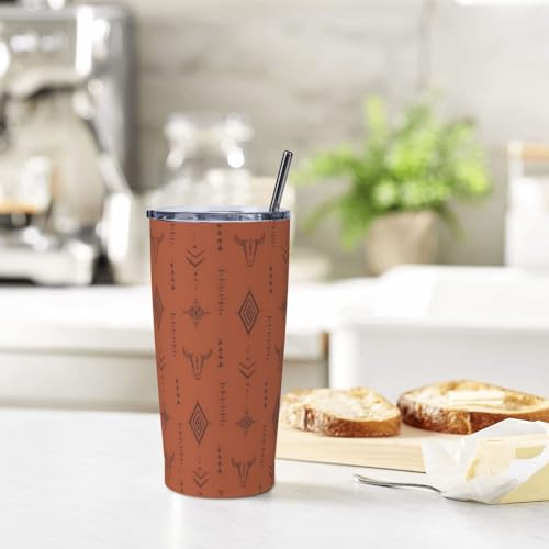 Western Bull Tumbler with Lid and Straw Boho Brown 20oz Insulated Stainless Steel Cup Cowboy Travel Coffee Mug Water Bottle for Women Gift for Birthday Christmas - color: Brown