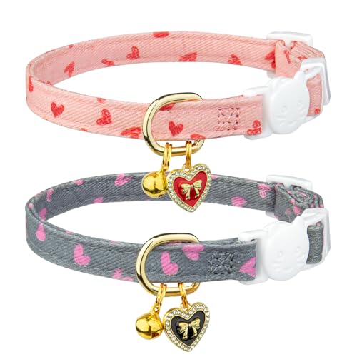 2 Pack Cotton Cat Collar Pink and Gray Heart Shaped Cute Kitten Cat Collar | Breakaway Breathable Soft material With cute pendants with Bell - color: Pink&Gray