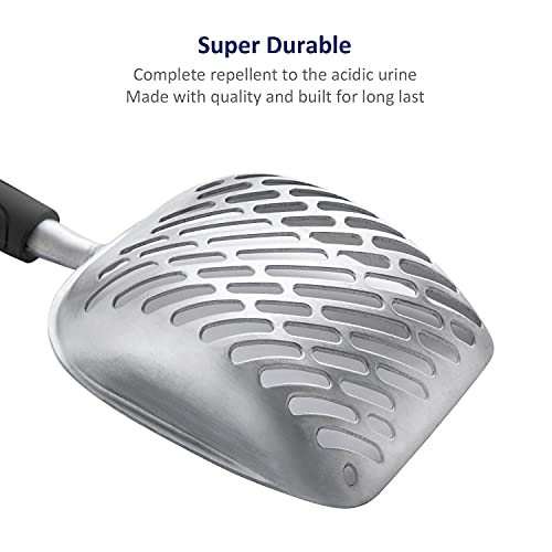 Cat Litter Scoop, Aluminum Alloy Sifter, Kitty Metal Scooper, Deep Shovel with Diagonal Sifting Hole, Long Handle, Kitten Poop Lifter for Litter Box, Large Size, Black Handle - color: #06 Black, size: Large