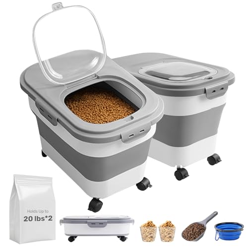 SEWIU Dog Food Storage Container Up to 2pack*20LB,Collapsible Dog Food Container with Travel Silicone Bowl and Scoop for Dog/Cat/Bird Food/Cat litter,Keep Dry Food Fresh,Easy to Move. - color: 2-20LB-gray
