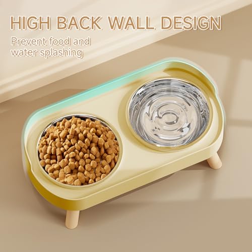 Elevated Cat Bowl, Raised Cat Food and Water Bowl Set for Indoor Cats, Splash Proof with 2 Stainless Steel Pet Food Bowls for Cats and Puppies, Whisker Fatigue and Dishwasher Safe - Yellow - color: Cat Bowls-Yellow