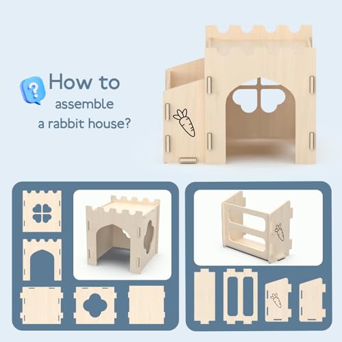 Wooden Rabbit House with Hay Feeder and Rooftop Platform | Compact indoor bunny hideout, enclosed lower room, open bottom, side hay rack and flat roof for rabbit enclosures - size: Small