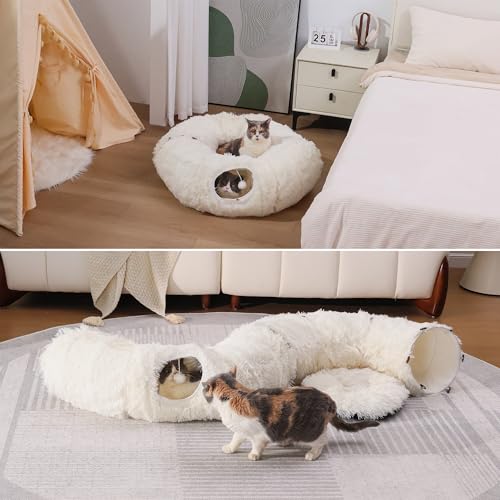 Cat Tunnel with Bed – Soft Plush Peekaboo Donut Cave for Indoor Cats | Under Christmas Tree Hideaway & Multifunctional Playground Toy for Kittens, Rabbits, Ferrets (Long-Pile Fabric White) - color: Long-pile fabric White
