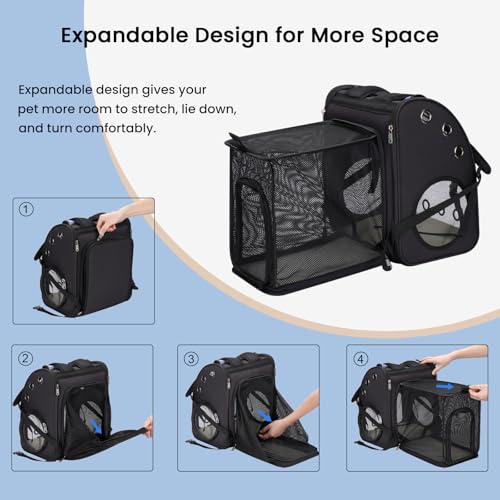 Expandable Cat Backpack Carrier, Large Space, Airline Approved, XL | Pet Carrier Backpack Up to 25 lbs, Portable Cat Travel Backpack, Ideal for Traveling/Hiking /Camping/Vet, Black - color: Black-XL