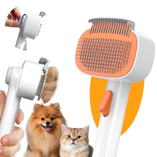 Dog & Cat Brush for Shedding, 2-in-1 Self Cleaning Deshedding Brush | Adjustable Bristle Length with Dematting Comb Skin Friendly Fur Shedding Removal Tool for Long Medium Long Hair Pets (Orange) - color: Orange