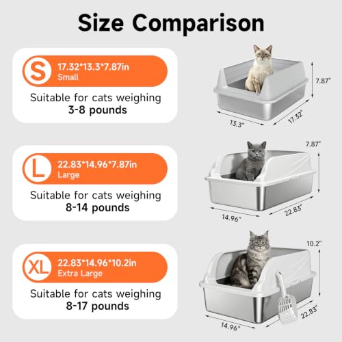 Stainless Steel Cat Litter Box for Small Cats, Odor Free Metal Litter Box | High Sides Lid Open Top Low Entry Litter Pan Easy Cleaning Kitty Cat Box Anti-Urine Leakage Non-Sticky Include Scoop - color: Light Grey S