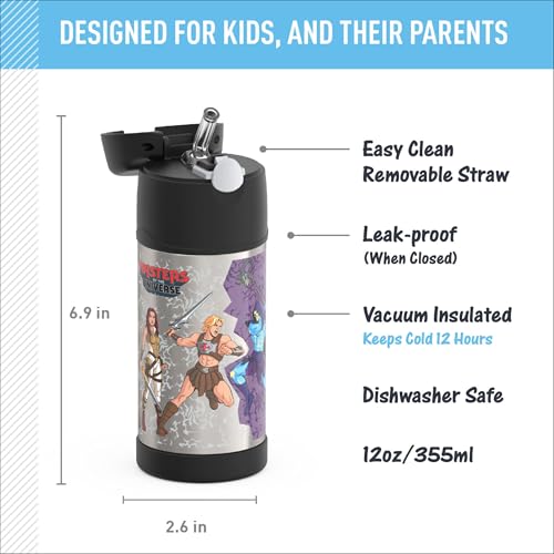 THERMOS FUNTAINER Water Bottle with Straw - 12 Ounce - Kids Stainless Steel Vacuum Insulated Water Bottle with Lid, Masters of the Universe - color: Masters of the Universe, size: 12 Ounces