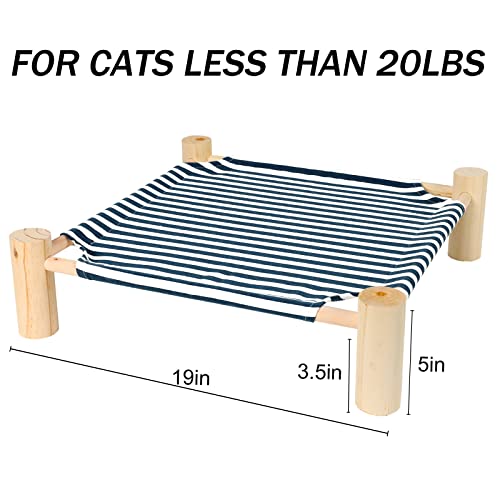 Patas Lague Cat Hammock Bed Small Eleveted Dog Bed 19x19 in Blue Stripe | Brethable Wooden Pet Bed, Cooling Rabbit Cot, Outdoor Cat Furniture For Summer - color: Blue Stripe