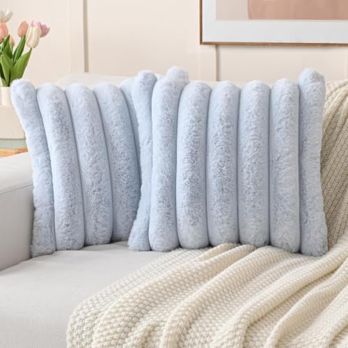 FUTEI Pack of 2 Faux Rabbit Fur Throw Pillow Covers 20x20 Inch, Light Blue | Luxury Plush Texture, Striped Design, Cozy Soft Touch, Non-Shedding, Modern Home Decorative for Sofa Living Room Couch Bed - color: Light Blue, size: 20" x 20" (Pack of 2)