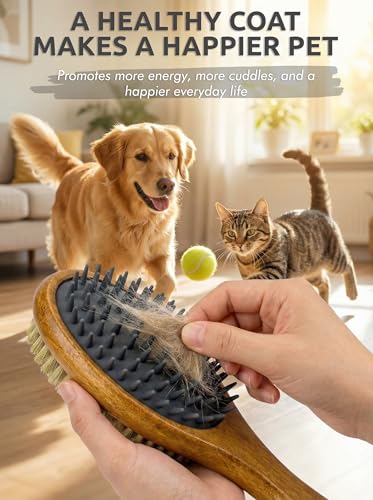TAKAVU Short Hair Dog & Cat Deshedding Brush, Double-Sided Silicone Bristle | Grooming Brush for Pets, Gentle on Sensitive Skin, Wooden Handle, Reduces Shedding - color: White Boar Bristle & Silicone Brush