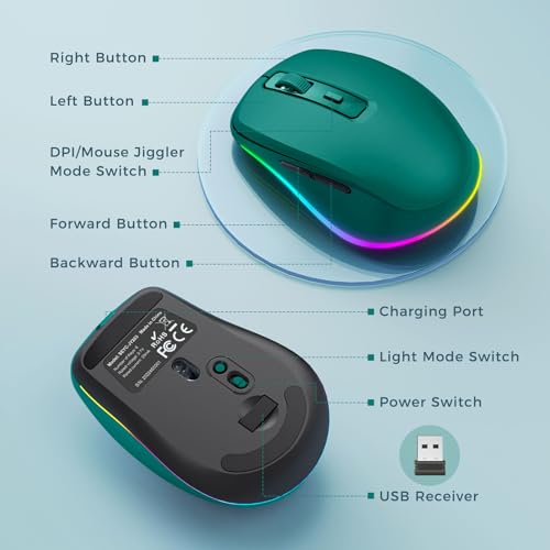 PEIOUS Wireless Mouse Jiggler - Keep Computers Awake, Dark Green | Rechargeable LED Mouse, Silent Clicks, Adjustable DPI and Random Movement Keep Computers Awake for Laptop/PC/Mac - color: Dark Green