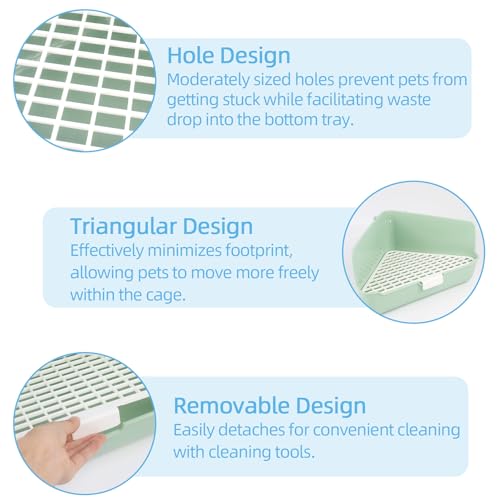 Large Rabbit Litter Box 10" x 10" x 7" with Broom & Grooming Kit, Low-Entry Corner Toilet Pan for Potty Training Rabbits Bunny Guinea Pigs Ferrets (Green)