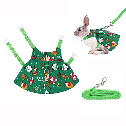 Adjustable Christmas Rabbit Harness and Leash Set, Small Animal Christmas Costume Bunny Clothes Santa Snowman Pattern Outfit for Ferret Guinea Pig Rabbit Bunny Hamster(Green/M)