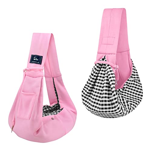 Dog and Cat Sling Carrier - Hands Free Reversible Pet Papoose Bag - Soft Pouch and Tote Design - Suitable for Puppy, Small Dogs Cats Outdoor (Pink, Unadjustable Strap) - color: Pink
