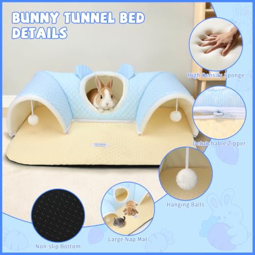 YUEPET 3-Way Bunny Tunnel Bed, Rabbit Play Tunnel for Medium Small Bunnies | Rabbit Tunnels for Indoor Bunnies, Removable Washable Cover, Anti-Slip Bottom, 29.5 x 21.7 in, For Guinea Pigs, Blue - color: Blue