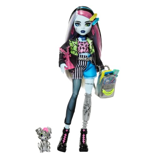 Monster High Frankie Stein Doll in Denim Jacket and Shorts, Includes Pet Dog Watzie and Accessories Like a Backpack, Snack and Notebook - style: Frankie Stein
