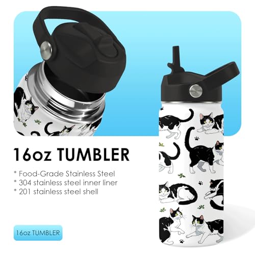 Girls Water Bottle, 16oz Black Cat Insulated Water Bottle with Straw (1pc) | BPA-Free, Leak Proof, Stainless Steel, with Handle, Kids Water Bottle for School, Boys, Travel, Cats Lovers Gifts Cup - color: Cow Cat, size: 16 Ounces