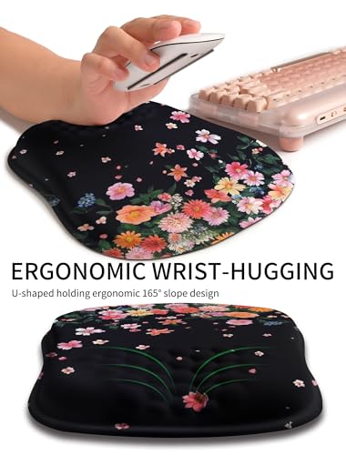 Hokafenle Ergonomic Wrist-Hugging Mouse Pad Wrist Support, U-Shaped Holding Wrist Rest Mousepad for Carpal Tunnel Pain Relief with Cushioned Memory Foam Slope Massage Bulge (10.2x8.3 in,Fall Flower) - color: Falling Flowers