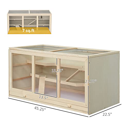 PawHut 45" Extra Large Wooden Hamster Cage, 3-Layer Rat Cage with Opening Roof, PVC Window, Small Animal Habitat for Gerbil, Dwarf & Syrian Hamsters, Natural | Rat Cage, PVC Window, Small Animal Habitat, for Gerbil, for Dwarf & Syrian Hamsters - color: Na