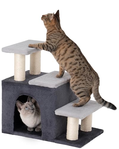 Aechonow 3-in-1 Pet Stairs for Cats, Dog Steps for Small Doggie Rabbits | 6.29'' Depth Cat Stairs, Indoor Cat Ladders for High Bed for Pet's Joints, 1 Cat Condo Cave, Sisal Scratcher, Grey, Medium - size: M-Gray