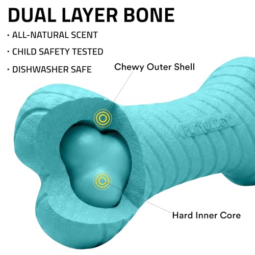 Playology Dual Layer Bone Dog Chew Toy - Medium, Peanut Butter Scent | Rubber Construction, All Natural Scent, Heavy Duty Design - size: Medium, style: Peanut Butter