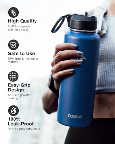 Coolflask 40 oz Water Bottle Insulated with Straw & 3 Leakproof Lids | Water Flask Stainless Steel Triple-Wall Vacuum,Cold 48+h,Dishwasher Safe,Wide Mouth, BPA-Free,Carrier Bag,for Gym,Hiking - color: King's Blue, size: 40 Ounces