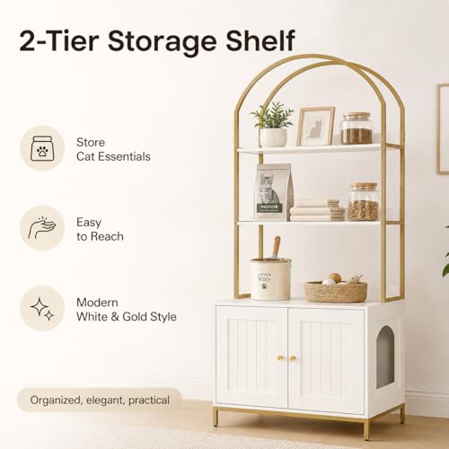 Homhedy Cat Litter Box Enclosure with 2-Tier Shelves, White and Gold | Litter Box Furniture Hidden, Indoor Cat House, Wooden Cat Washroom Furniture with Metal Frame, Modern Style - color: White and Gold