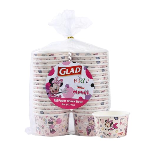 Glad for Kids Disney Mickey and Friends Disposable Paper Snack Bowls, Lids Not Included, Pink Minnie - Heavy Duty, Microwavable Snack Cups for Soup or Ice Cream, No Lids, 6 Ounce, 32 Count - size: 32 Count (Pack of 1)